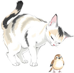 Obraz premium Curious cat gently interacts with bird in soft East Asian ink painting style. 