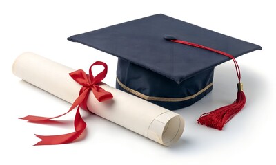 Graduation cap diploma and red ribbon