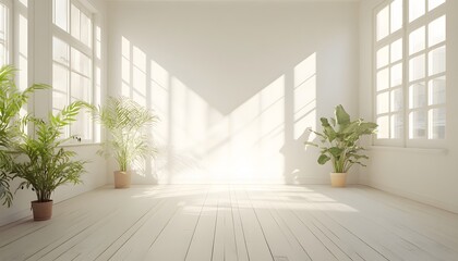 Fototapeta premium Sunlit room with houseplants and large windows.