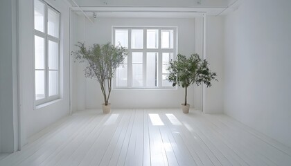 Obraz premium White room with potted plant and large windows.