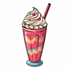 Create a bold vector illustration of a pop art style milkshake, featuring thick outlines and vibrant colors.  Include a whimsical straw.