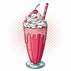 Create a bold vector illustration of a pop art style milkshake with a thick, vibrant stroke.  Include a straw and whipped cream.