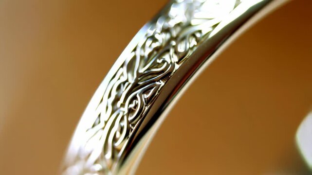 Close-up of a gold bangle or ring with an elaborate intertwined pattern. The surface is shiny, reflecting light, with soft background.