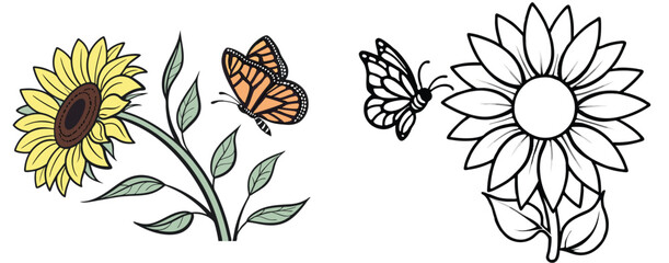 Sunflowers and butterflies vector art line drawing spring summer garden floral elements botanical illustration nature