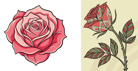 Two decorative rose illustrations pink rose with detailed petals and tribal patterned rose on beige background