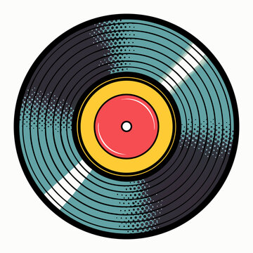 Create a bold, vector illustration of a pop art style vinyl record with thick black outlines and vibrant color-filled sections.