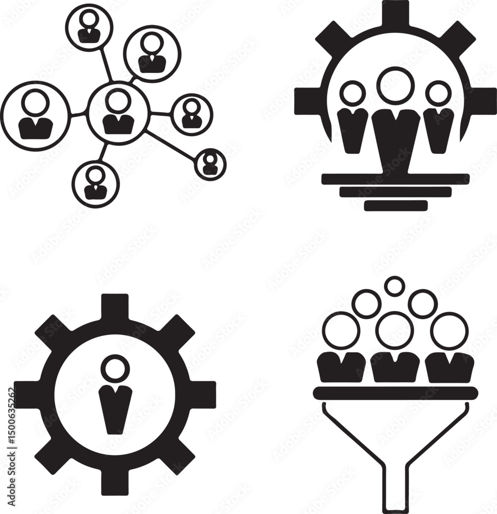 Poster teamwork and networking icons: a set of four monochrome icons depicting various aspects of teamwork,
