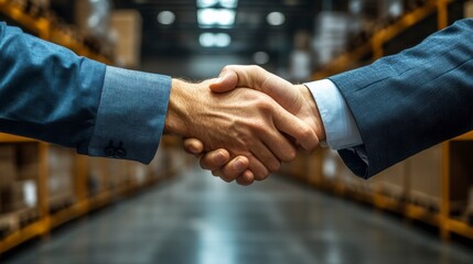 A business handshake in a warehouse signifies a partnership, agreement, and trust