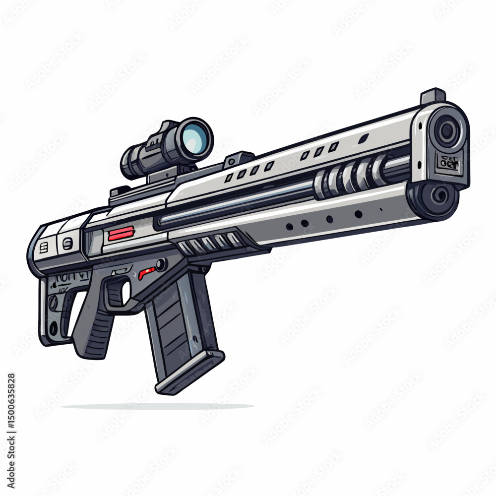 Poster create a bold vector illustration of a futuristic railgun, emphasizing its advanced technology and p