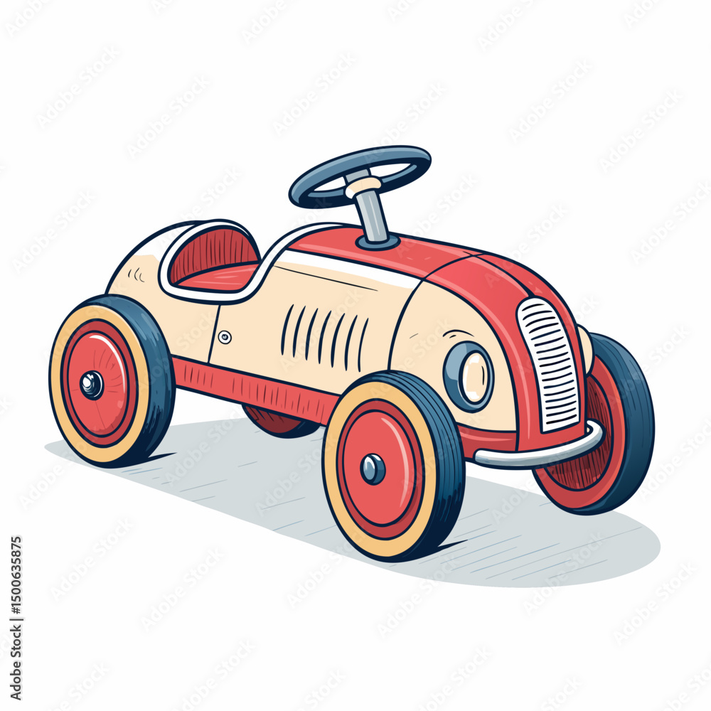 Poster create a bold, vector illustration of a classic children's ride-on toy car, emphasizing strong outli