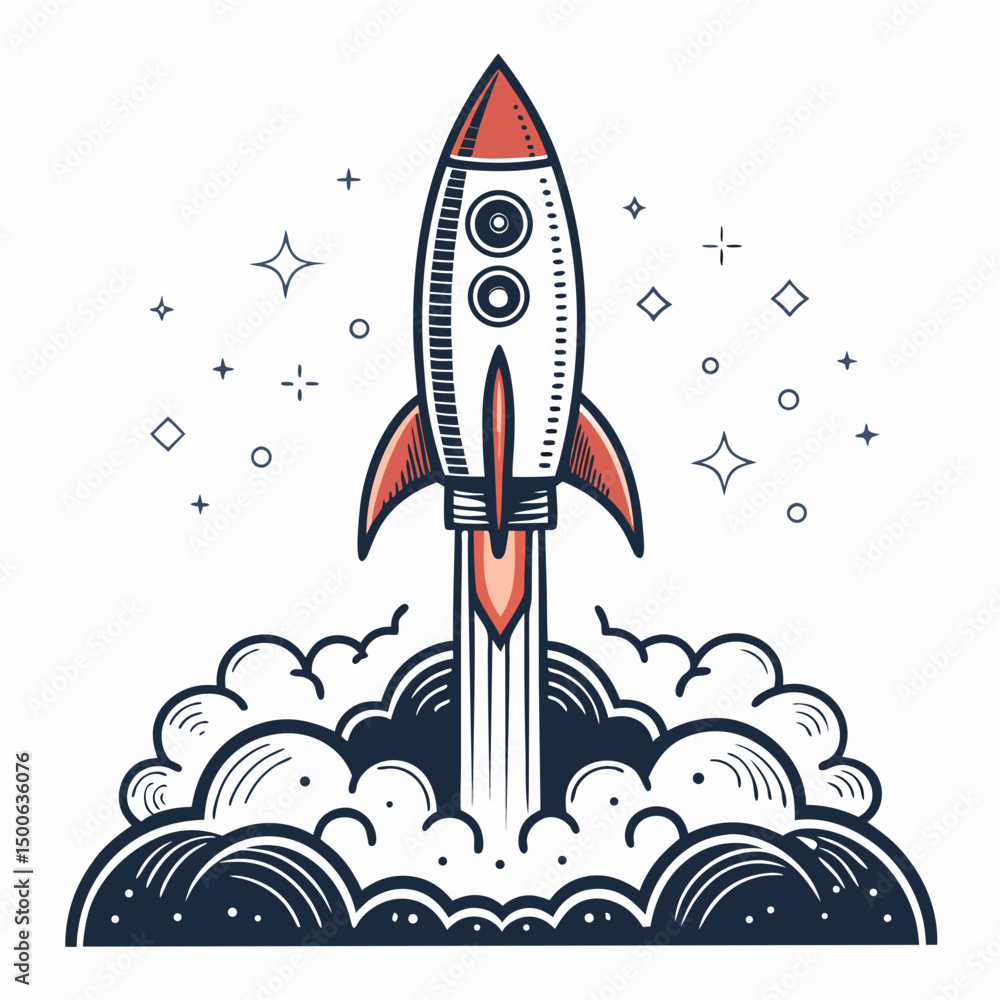 Poster create a bold, vector illustration of a rocket launching; emphasize strong, clean lines and a vibran