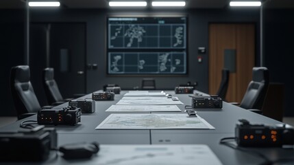 Modern Briefing Room Setup with Technology and Maps for Army Operations Planning