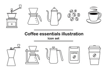 コーヒー器具とコーヒー豆の線画イラストセット｜コーヒーミル ドリッパー カップ ポット 豆