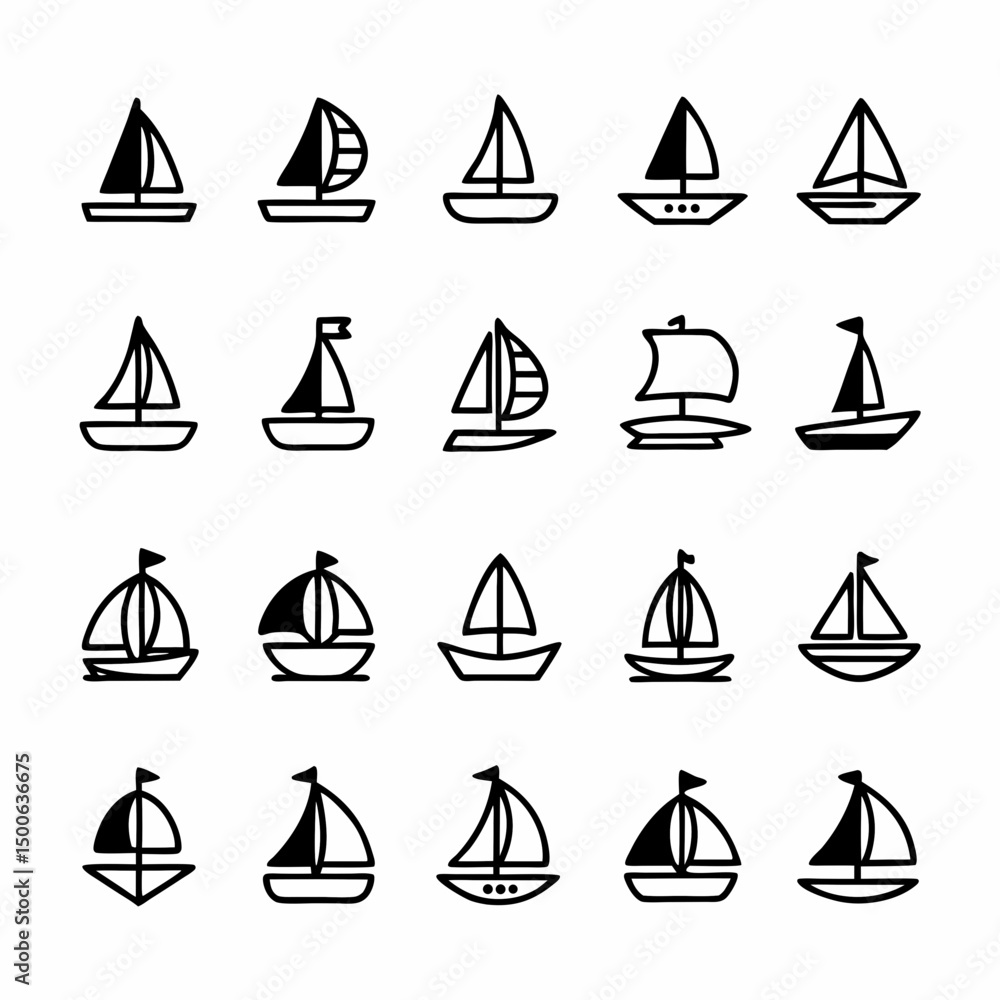 Poster design a vector icon pack featuring bold-stroke sailboats; various styles, multiple angles, and size