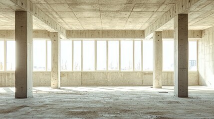Fototapeta premium An empty, unfinished concrete building with large windows and exposed concrete beams