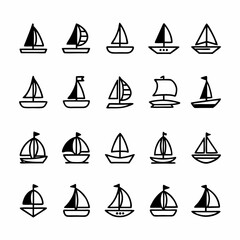 Design a vector icon pack featuring bold-stroke sailboats; various styles,  multiple angles, and sizes.  Include both simple and detailed versions.