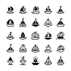 Design a vector icon pack featuring bold-stroke sailboats; various styles, sizes, and angles. Include both simple and detailed sailboat icons.