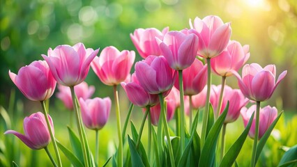 A cluster of pink tulips with delicate petals and slender stems against a lush green meadow, botanical art, nature scenery