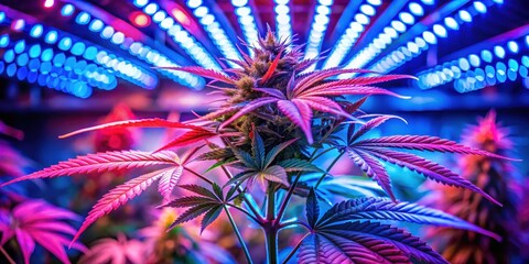 High detail of cannabis plant with red and blue LED grow lights in a indoor garden