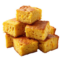 A stack of golden brown cornbread squares with visible corn kernels on a transparent background close up view