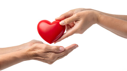 Hands exchanging a red heart symbol of care