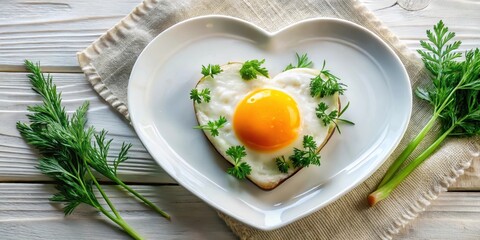 A perfectly cooked fried egg in the shape of a heart, with the egg yolk oozing out of the edges