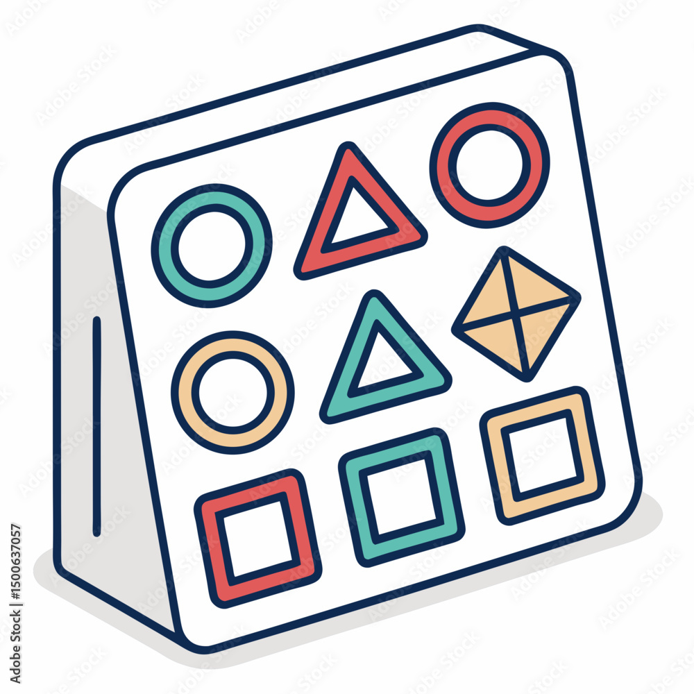 Poster create a bold vector illustration of a classic shape sorter toy, emphasizing thick outlines and vibr