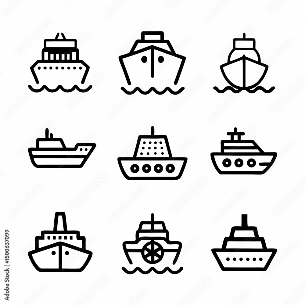 Poster design a bold, vector icon depicting a ship and ferry, emphasizing strong outlines and clean lines. 