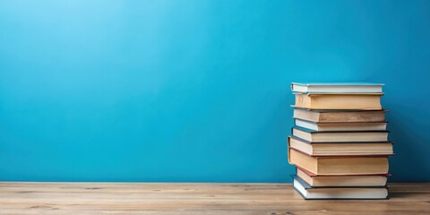 Fototapeta premium Stack of books on a table next to blue wall, isolated against white, book lover