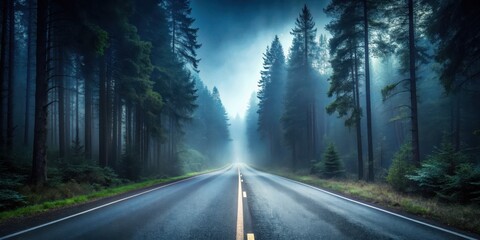 Obraz premium Empty asphalt road in a dark forest with fog, rural solitude, night scene