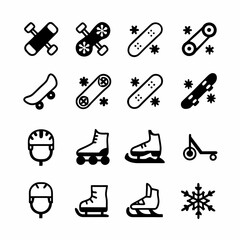 Create a bold, vector illustration of a skateboard and a pair of rollerblades, emphasizing strong outlines and clean lines.