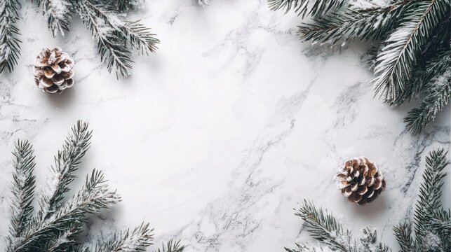 A snowy Christmas tree with pine cones and branches on a white marble background.