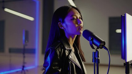 Young singer recording music in professional studio - Powered by Adobe