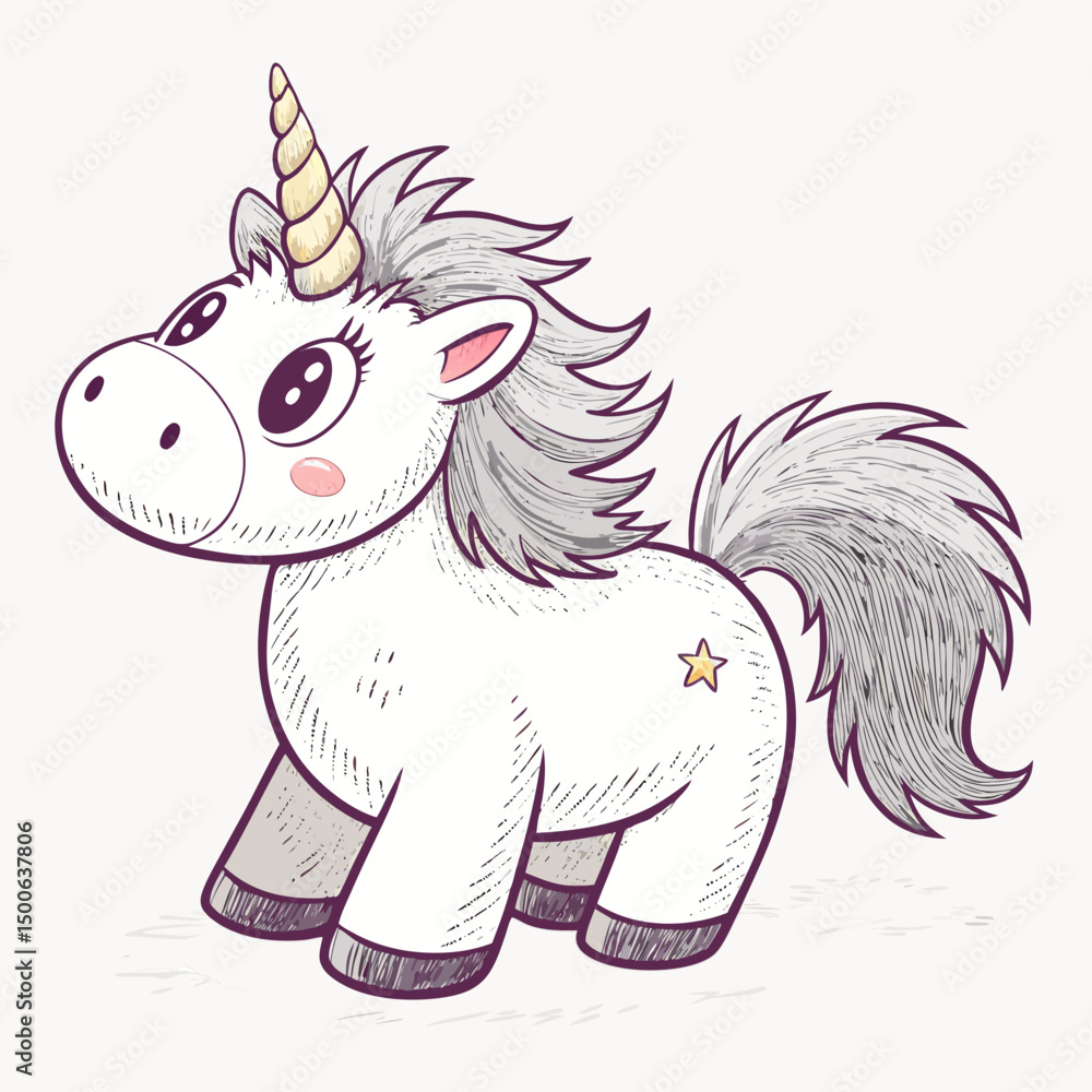 Poster create a bold vector illustration of a soft, plush unicorn with thick outlines, emphasizing its cudd