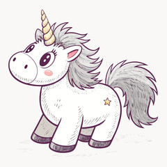 Create a bold vector illustration of a soft, plush unicorn with thick outlines, emphasizing its cuddly texture.
