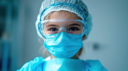 A young child wearing a blue medical mask and a white surgical cap, standing in a hospital setting with a blue and white background.