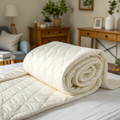 soft rolled white quilt lying on a surface ready
