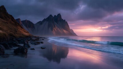 Icelandic beach Stokksnes with dark mountains