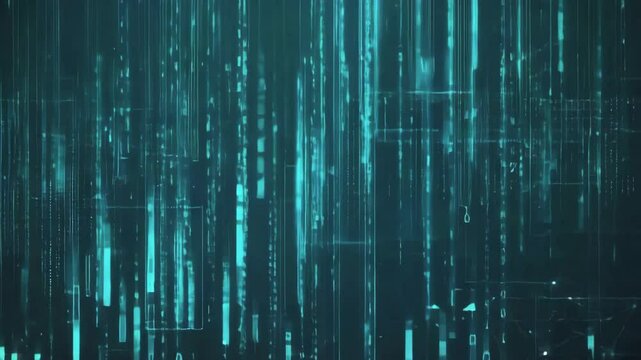Cyberpunk data stream Start with a dark background and glowing cyan binary code cascading vertically
