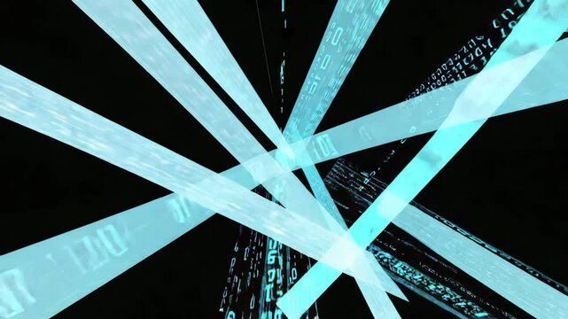 a futuristic cybernetic data flow Start with a dark background and glowing blue streams of binary code intersecting and weaving toward 