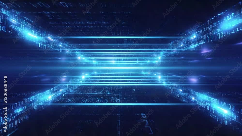 Poster abstract blue background with a journey through a futuristic digital tunnel start with a starry deep