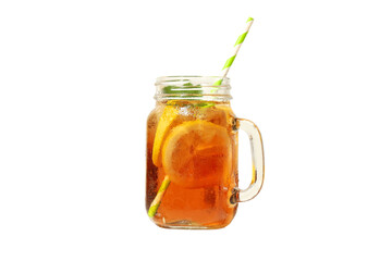 Iced tea served in a jar with lemon slices and a straw, isolated on white, PNG