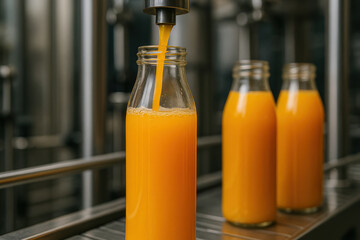 Orange juice bottling process on production line in modern factory