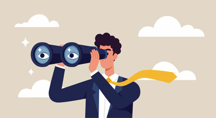 Illustration of a businessman using binoculars, representing vision and future goals, under a clear sky. © Purnomo