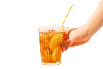 Person enjoys a cool glass of iced tea with lemon on a hot day, isolated on white, PNG