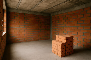 Empty room with brick walls and stacked brick pile in corner