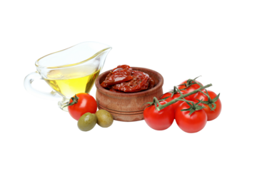 PNG, olives, tomato, olive oil and bread, isolated on white background.