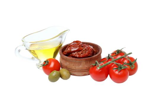 PNG, olives, tomato, olive oil and bread, isolated on white background.