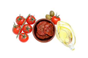 PNG, olives, tomato, olive oil and sun-dried tomato, isolated on white background.