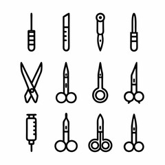 Create a vector icon depicting bold-stroked surgical instruments; scalpel, forceps, and needle.  High detail, clean lines.